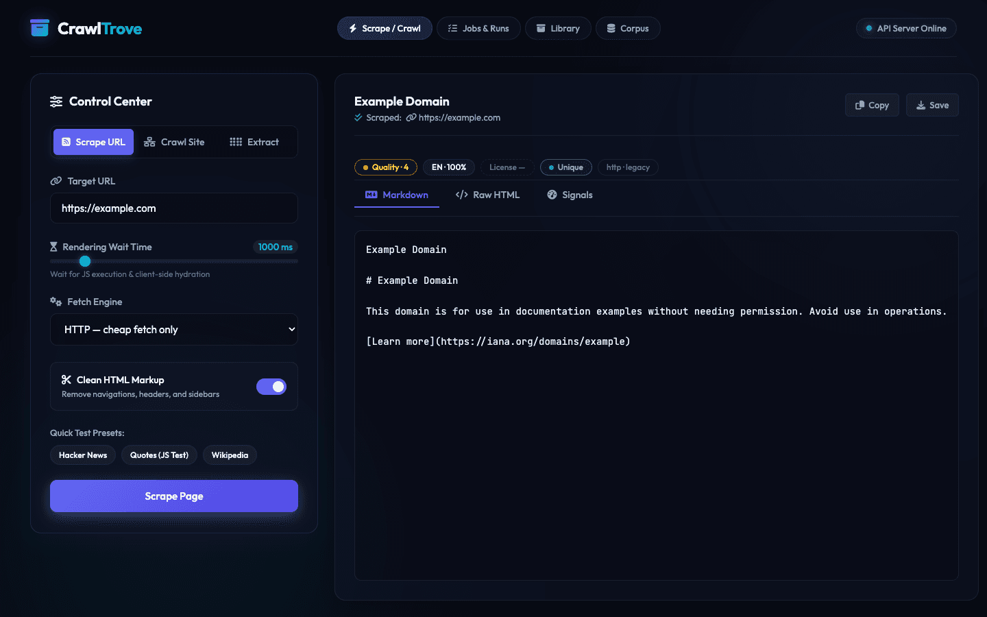 A clean Markdown extraction result in CrawlTrove