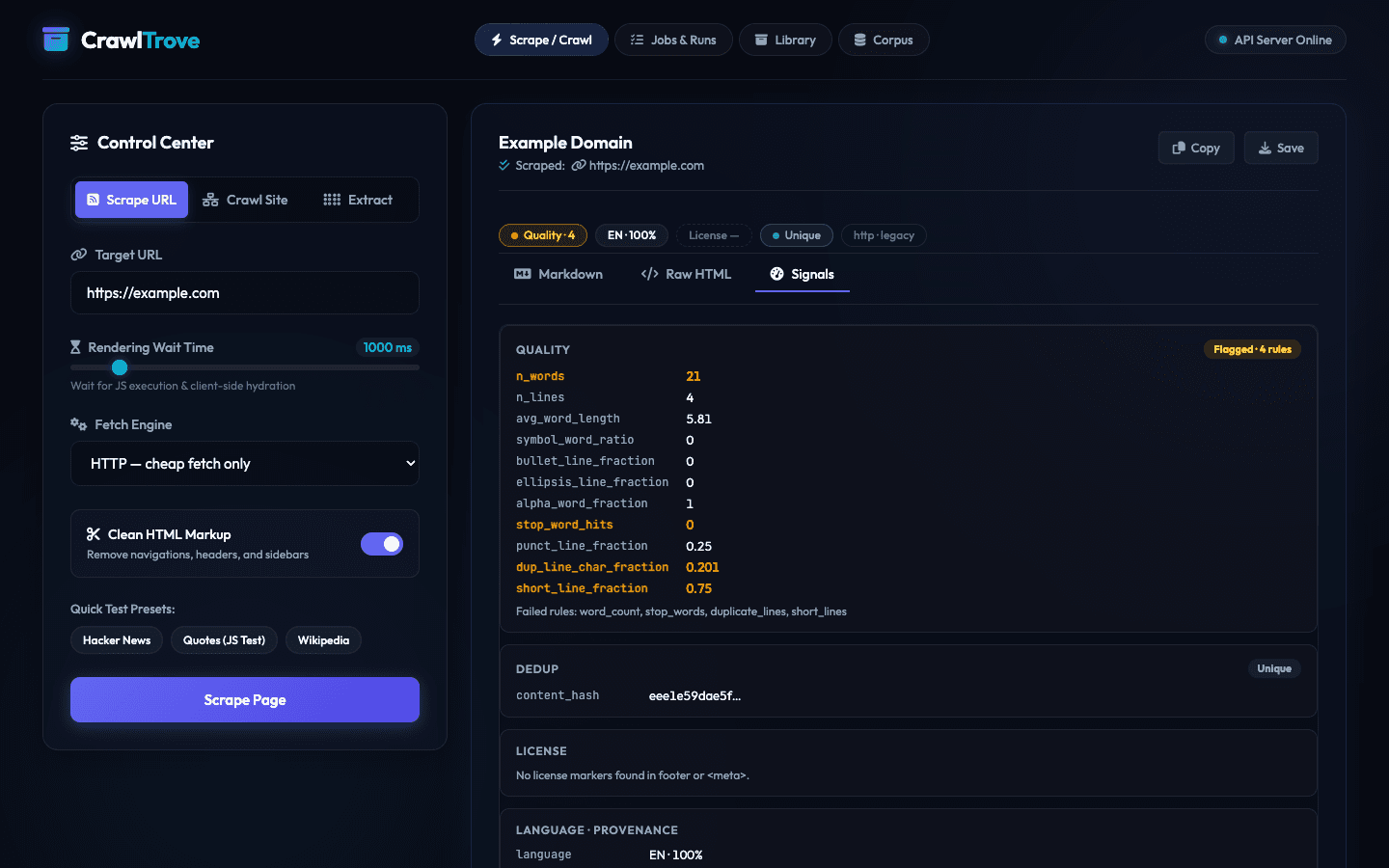 Quality, deduplication, license, language, and provenance signals in CrawlTrove