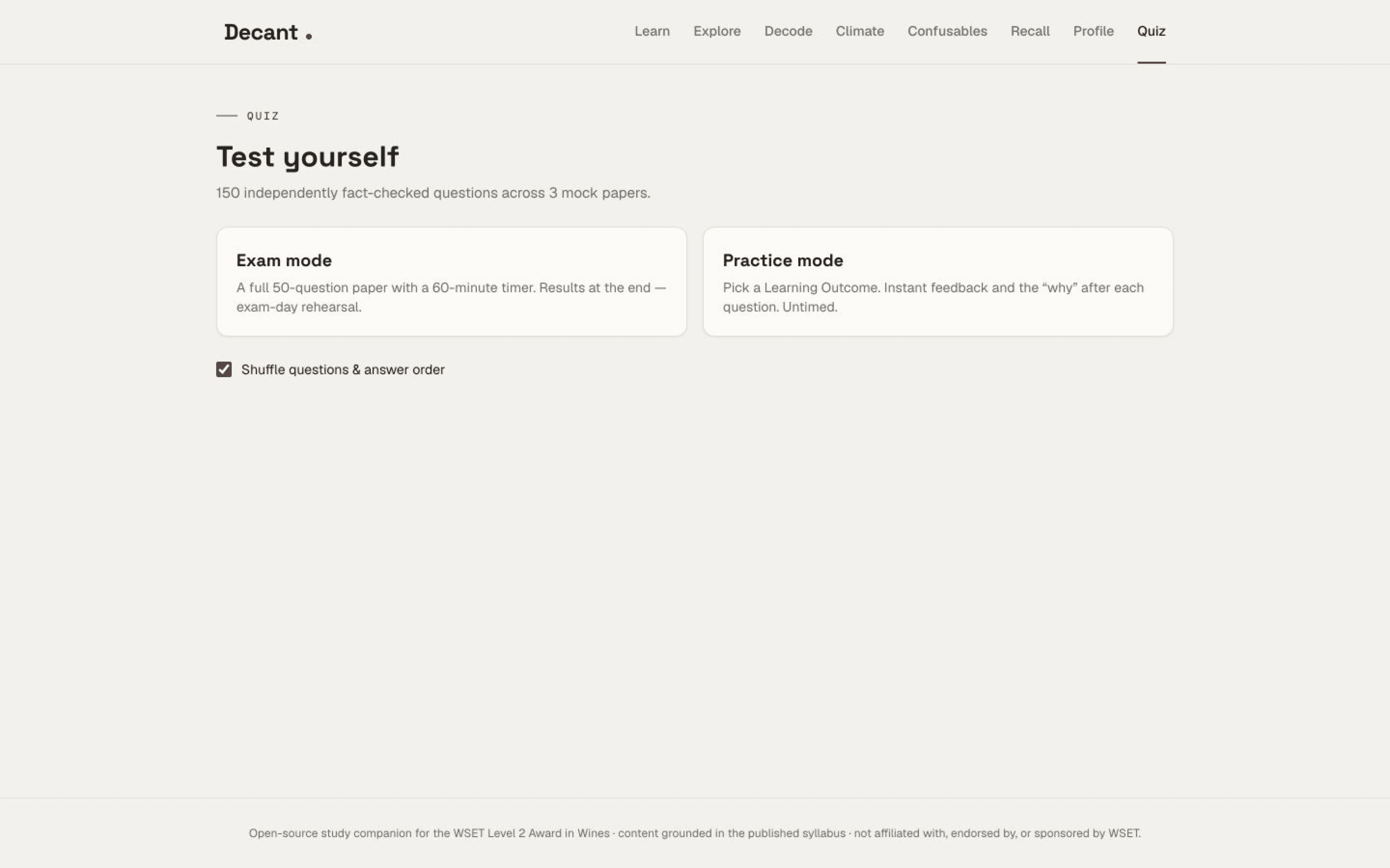 The live Decant quiz mode selection screen