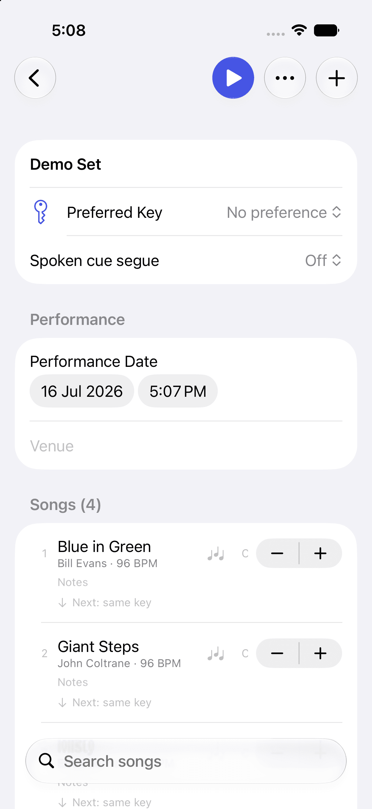 Songscript's four-song performance setlist editor running on iPhone